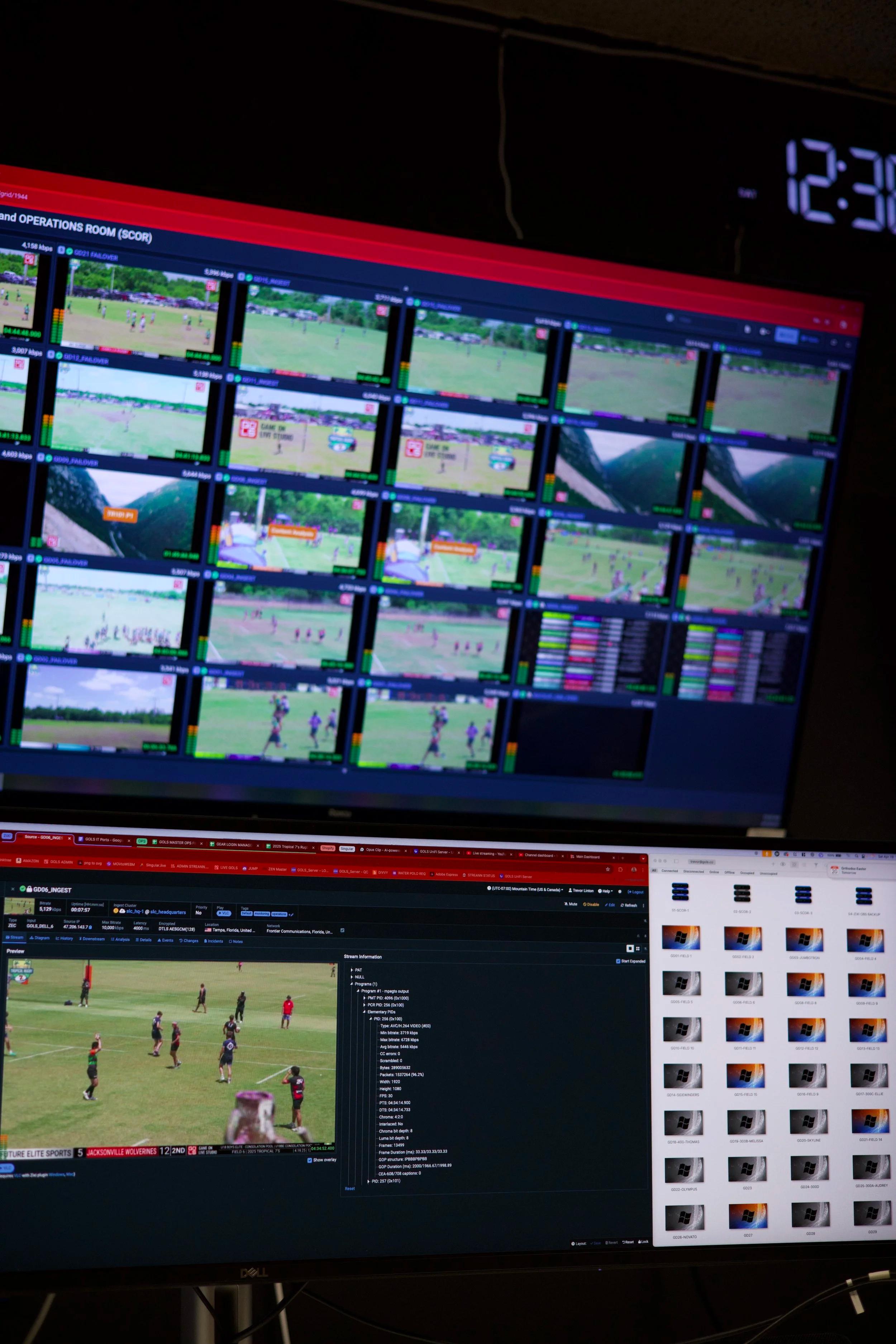 A wall of live game feeds in a streaming operations room